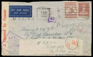 1942 (Oct 7) cover from Melbourne to an Australian pilot in England with RAAF Base PO arrival b/s, redirected to "RAF HQ c/- APO 4040" with RAF Bombay arrival b/s of --FEB43, flap removed & opened-out for display. [The rate was 2/1d for surface to/across 