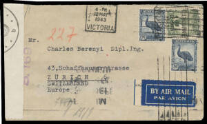 1943 (May 12) Melbourne to Switzerland with unusual franking of 5½d Emu x2 + 1/- Lyrebird, Lisbon transit b/s of 13.7.43, German Wehrmacht censor label. [The rate was 1/11d for surface to/across the USA, then by air to destination]