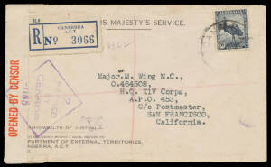 1944 (May) registered OHMS cover from Canberra to American APO 453 on Bougainville with American b/s of APO 927 at Sydney (MAY/30/1944), APO 502 on New Caledonia (JUN/4/1944) & APO 706 on Bougainville (JUN/6/1944). [An example of an underpaid cover carrie