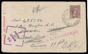 1944 (June 2) 1d Forces Rate cover from Queensland to a RAAF member in Canada with 'RAAF OVERSEAS' h/s & 'MPO 304/JUN12/1944/CANADA' arrival b/s, forwarded to London with 'RAAF/BASE PO No 4/4JUL44' slogan b/s, minor blemishes. The 10 days transit to Canad