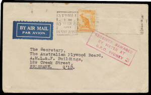 1944 (Oct 10) cover Sydney to Brisbane with two stamps washed-off & very fine boxed 'RECEIVED DAMAGED/BY WATER AT/GPO SYDNEY 3' in magenta, minor blemishes. From flying boat "Coolangatta" which crashed in Sydney Harbour on 11/10/1944, with the loss of one