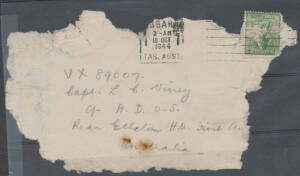 1944 ditto, large-part badly damaged front to an army officer with 4d Koala paying the Forces Concession Rate tied by Hobart machine cancel of 10OCT/1944, forwarded under cover (not included) with the accompanying roneo'd advice - the only example we have