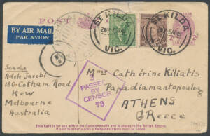 1945 (Apr & May) usages of 2d Postal Cards both uprated to 9d to Greece (a bit knocked-about) or France (minor blemishes). [The 9d postcard rate was re-introduced from Mar-Apr 1945] (2)