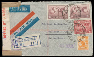 1945 (May 25) registered double-rate cover Sydney to Switzerland with Perth transit b/s of 30MAY45 & 'VILLERET/15.VI.45/JURA [?]' arrival b/s. [The 1/6d per ½oz rate was re-introduced from Mar-Apr 1945. The 3½ week transit suggests trans-Indian Ocean carr