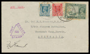 WORLD WAR II: 1943 (Jan 30) cover to "Noonamah Camp, Darwin" with Burma 2a 4a & 8a tied by 'BASE PO/BURMA' cds, superb Unit Censor h/s & signed "FNBraund", the flap endorsed "Mission 204", minor toning on the perfs, with corresponding short typed letter. 