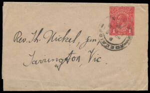 Selection with Roo 1d Letter Card ("ON THE MURRAY") CTO, long 4½d Registration Envelope unused & used to Germany (crease), used Wrappers ½d Roo, KGV ½d+½d and 1d red etc, also Papua 1d Postal Card unused (stained at left) etc, a bit scrappy but useful. (