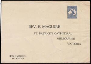 ENVELOPES - STAMPED TO ORDER: 1919 Kangaroo 2½d indigo BW #ES7 with 'IRISH MISSION/TO CHINA' imprint at lower-left & pre-printed address of St Patrick's Cathedral in Melbourne, minor blemishes, unused. An exciting new discovery, being the first unused exa