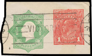 ENVELOPES - STAMPED TO ORDER: c.1920 Sideface 1d red + Star ½d green BW #ES17 cutout only, Melbourne machine cancellation. Extremely rare, even as a cutout. [The ACSC notes only one entire - used in 1920 - has been recorded. For other rare items, cutouts 