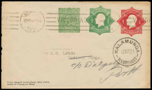 ENVELOPES - STAMPED TO ORDER: c.1920 Star 1d red + Star ½d green + Sideface ½d green BW #ES38 for Vacuum Oil with 'Thompson Road' (Perth) return address at lower-left, to "Darling Range WA" with Melbourne machine cancel of 12MR/1921 & superb 'KALAMUNDA'/W