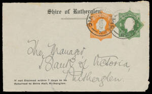 ENVELOPES - STAMPED TO ORDER: 1924 Star with 'POSTAGE' 1d green + No 'POSTAGE' ½d orange BW #ES44 for the Shire of Rutherglen (front only) locally used with cds of 28SE25, repaired minor tear well clear of the embossings, Cat $3500. Only the second exampl