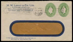 ENVELOPES - STAMPED TO ORDER: 1930 Oval KGV 1d green + 1d green BW #ES66 window envelope for HM Leggo & Co, central fold & repaired opening tear at upper-left, Melbourne slogan cancel of 5JUL34, Cat $1000.