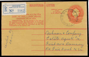 REGISTRATION ENVELOPES: the companion used selection including 4d Kangaroo with boxed 'REGISTERED' & with 'Price...' Added (opening fault), KGV 4d with Red Star x3, 5d x4 & 4&frac12;d on 5d x3, QEII 2/5d with Helecon Ink, etc, postmark & registration label inter