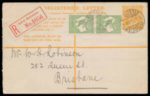 REGISTRATION ENVELOPES: 1915 KGV 4d orange/white Setting 3 (Vertical Line would pass through Comma after 'Half-penny,') BW #RE5C, uprated with &frac12;d Roo pair (rounded corner) tied by 'REGISTERED/12JE15/MELBOURNE' cds, Cat $200. Superb!