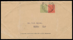 WRAPPERS - STAMPED TO ORDER: 1938 "doubleton" 1d green + 2d red BW #WS21 for an unknown user, Melbourne cds of 27OC38, the length slightly reduced, folds from having been used to wrap a small box & corner fault at lower-left, undercatalogued at $1500. A r