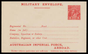 WARTIME - WORLD WAR I: KGV 1d Envelopes the three different types (2 very fine, the other with flap stuck) & 1d Letter Card 'AUSTRALIAN IMPERIAL FORCE' (stuck), all unused, Cat $1400; also three different POW Envelopes all fine with 'LIVERPOOL/NSW' cds. (