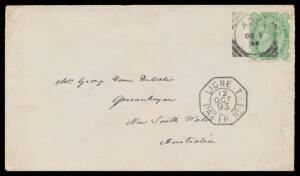 ADEN: 1893 (Oct 5) cover from Aden with East India 2a6p green tied by 'ADEN' squared-circle, superb French mailboat octagonal 'LIGNE T/12/OCT/93/PAQ FR No 1' d/s, Sydney transit b/s of NO3/93 & poor Queanbeyan b/s, repaired flap. Carried per Messageries M