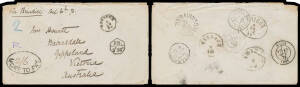 AUSTRIA: 1871 (Oct 6) stampless cover to Victoria from 'BRUNECK' (Austrian-type "thimble" cds) endorsed "Via Brindisi" with transit backstamps of 'VILLACH/8/10' & 'TRIEST/9/10/71' but then sent west overland to France with 'LYON/12/OCT/71', 'LYON A MARSEI