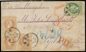 AUSTRIA: 1872 cover to NSW "Via Southampton" with 1867 3kr green & 15kr brown single & pair tied by 'GRAZ/5/8/72' cds, London transit cds of 8AU72 & large 'PD' h/s both in red, Sydney arrival b/s of OC21/72, a little stained. An unusual routing at this ti