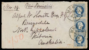 AUSTRIA: 1877 cover to Victoria "Via Brindisi" with Fine Beard Perf 9 10kr blue single & pair tied by 'MERAN/20/11/77' cds, manuscript "wfr 50" in red at lower-left, French-pattern TPO '...-BOLOGNA' b/s, 'BRINDISI' & 'MELBOURNE/JA4/78' transit & 'BAIRNSDA