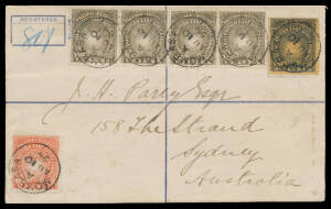 BRITISH EAST AFRICA: 1894 usage of 2a Registration Envelope size F to NSW with Sunburst ½a x4 2a & 2½a tied by 'MOMBASA/AU10/94' cds, 'ZANZIBAR/REG', 'LIGNE T/PAQ FR No 6' & 'ADEN/REG' (frame worn-away) transit b/s & poor 'REGISTERED/OC3/94/SYDNEY NSW' ar