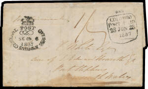 CEYLON: 1837 entire letter to "Port Stephens/New South Wales" with a largely very fine strike of the crowned-shield 'COLOMBO/POST PAID/28JUN28/1837' datestamp & very fine Sydney GPO crowned-oval of SE*6/1837 on the face, rated "1/-" being 4d double inward