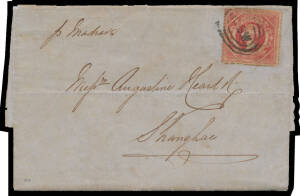 CHINA: 1864 (Feb 20) fragile outer to Shanghae "p Madras" with NSW Diadems 1/- carmine (defective) tied by 'NSW'-in-ovals & fine Sydney b/s, 'HONG-KONG/AP11/64' transit b/s in blue, extensive archival tape repairs within.