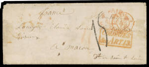 FRANCE: 1854 unstamped cover to Macon with 'PAID/[crown]/AU30/1854/VICTORIA' d/s in red carried at 1/- rate to Southampton from where forwarded with poor London b/s of 15DE15/1854 & Anglo-French boxed 'COLONIES/&c ART 13' h/s both in red, French 'ANGL/CAL