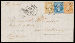 FRANCE: 1864 entire printed lettersheet to NSW "Via de Suez" with attractive 3-colour franking of Napoleon 10c bistre, 20c blue & 40c orange tied by '1'-in-star-of-dots cancels & 'PARIS/26/NOV/64/R D'ENGHIEN' cds alongside, superb Marseilles & 'SHIP LETTE