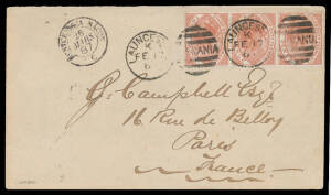 FRANCE: 1887 (Feb 17) cover to France with scarce franking of Tasmanian Postal Fiscal 3d Platypus strip of 3 tied by Launceston duplex, French 'MONT CENIS A MACON' transit cds & Paris arrival b/s. Overpaid 3d.