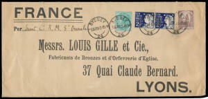 FRANCE: 1905 long cover to Lyons "Per Orient Co RMS Omrah" with scarce franking of NSW &frac12;d green, 2&frac12;d indigo pair & 1/- Kangaroo tied by superb Sydney cds of 14AU05, arrival b/s of 3-9/05, minor blemishes. [The rate was 2&frac12;d x7]