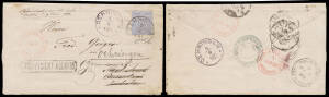 GERMAN STATES - WURTTEMBURG: 1887 lettersheet to Queensland with 20c ultramarine tied by 'OEHRINGEN/7/4/(6)' cds & an almost superb intaglio ''GERICHTS NOTAR.../[Arms]/OEHRINGEN' h/s across the flap, Brindisi transit & Brisbane arrival b/s of AP15/87, 'DE