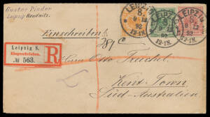 GERMANY: 1892 cover to South Australia with 3-colour franking of 5pf green, 10pf red & 25pf orange tied by 'LEIPZIG/9 12/92' cds, imperf registration label, Adelaide JA11/93 & 'NORWOOD' squared-circle arrival b/s. Colourful. Carried per Orient Line "Austr