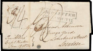 GREAT BRITAIN - ENGLAND: 1824 lengthy & fascinating entire signed "Fra Atkinson", to London endorsed "Per Allies/Capt Kirton/Jan 19 1824" with a faint but legible strike of the small undated 'HOBART/TOWN' handstamp, step-boxed 'SHIP LETTER/FALMOUTH' h/s &