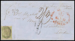 GREAT BRITAIN - ENGLAND: 1850 outer to London "p Diana via Hong Kong p Overland Mail" with a largely very fine strike of the 'QUEENS WHARF' Receiving House handstamp and very fine Sydney Views 3d yellow-green SG 39 (full margins) just tied by a very fin