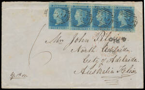 GREAT BRITAIN - ENGLAND: 1852 cover from Suffolk to "City of Adelaide/Australia Felix" with remarkable franking of GB 1841 2d With Lines strip of 4 [OA-OD] - margins close to huge, except at lower-left where just touching, with fragments of five adjoining