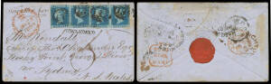 GREAT BRITAIN - ENGLAND: 1853 cover from Kent to "Rocky Point, George's River/nr Sydney NS Wales" with remarkable franking of GB 1841 2d With Lines strip of 4 [LI-LL] - margins close to large - tied by Barred Numeral '132', very fine 'BRIGHTON/MR23/1853' 