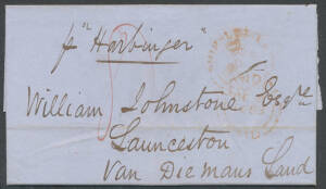 GREAT BRITAIN - ENGLAND: 1853 (Oct 5) mercantile entire letter from London "pHarbinger" rated "8" with 'LONDON/=PAID=' cds in red, Launceston arrival b/s of '26DE26/1853'. General Screw Steam Ship Co "Harbinger" departed London 7.10.1853, arrived Melbourn