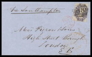 GREAT BRITAIN - ENGLAND: 1859 (Feb 12) outer to London "via Southampton" with Imperf 'TASMANIA' 6d slate-violet SG 48 (margins just shaved - at right - to large with a fragment of the adjoining unit at left) tied by bold BN '68' of Hobart, 34mm Hobart cds