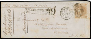 GREAT BRITAIN - ENGLAND: 1862 cover from GB "Via Marseilles" with scarce franking of 1862-64 9d bistre SG 86 (Cat £875 on cover) tied by very fine 'LONDON-WC/ 11 /OC27/62 - W.C/11' duplex, equally fine 'DEFICIENT POSTAGE 3d/FINE 6d - 9d' h/s, superb Melbo