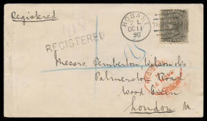 GREAT BRITAIN - ENGLAND: 1890 Basset Hull cover to London with scarce franking of Tasmanian 10d black tied by Hobart duplex, straight-line 'REGISTERED' h/s. The rate was 6d + 4d registration.