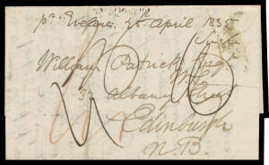 GREAT BRITAIN - SCOTLAND: 1835 entire headed "Hobart Town 25th April 1835" & signed "WC Haldane", to Edinburgh "pr Eveline 25th April 1835", variously rated, step 'INDIA LETTER/GRAVESEND' b/s in red, London ' G /28SE28/1835' transit & Edinburgh 'SEP/H 30 