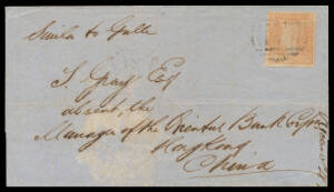 HONG KONG: 1857 outer from Victoria to "Hong Kong/China" endorsed "Simla to Galle" with a very fine Woodblocks 6d orange tied by BN '1' of Melbourne (small oval b/s of FE14/1857) & 'HONG-KONG/28MR/1857' arrival b/s, some discolouration on the face. The ea