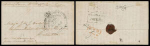 INDIA: 1840 large-part entire endorsed on the face "Hobart Town, the 30th of October 1840", to an officer at Calcutta "per Ship Sovereign/from Launceston" with a very fine strike of the huge 'GENERAL [crown] POST OFFICE/HOBART-TOWN/VDL/30OC30/1840' datest