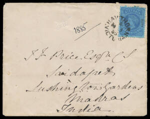 INDIA: 1885 (Feb 9) cover to India with very scarce solo franking of 'STAMP DUTY' overprint on Bell 1/- blue/blue tied by 'HAWTHORN/VICTORIA' cds, Melbourne & superb Bombay transit b/s & fine 'FIRST DELY/SAIDAPET/ MADRAS/-MAR8' arrival b/s, minor blemishe