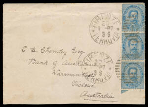 ITALY: 1887 cover to Victoria with 25c blue strip of 3 tied by 'FIRENZE/20/1-87/FERROVIA' duplex cancels, Melbourne transit b/s of FE26/87 & 'WARRNAMBOOL' arrival b/s in blue, flap removed.