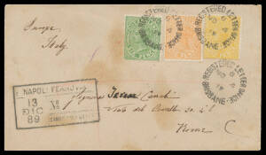 ITALY: 1889 cover with Queensland Second Sidefaces 1d orange-red, 4d yellow & 6d green tied by 'REGISTERED LETTER OFFICE/NO4/89/BRISBANE' cds, 'NAPOLI/13/12-89/(FERROVIA)' b/s & boxed registration datestamp on the face, 'ROMA/(RACCOM)' arrival b/s, a few 