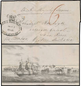 MALTA: 1841 OHMS usage of Mrs Muir illustrated lettersheet ("St Jean d'Acre/after the Battle") headed "HMS Howe Malta July 13th 1841" with lengthy letter, to "John Septs Roe/Surveyor-General/Swan River/Western Australia" rated "6" in red for the private s