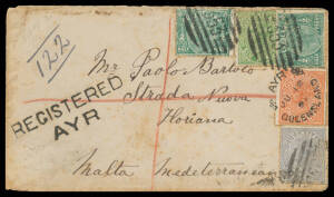 MALTA: 1891 cover to Malta with four-colour franking of Queensland Lined Background &frac12;d x2 1d 2d & 6d tied by fine BN '353' & very fine 'AYR/JU12/91/QUEENSLAND' cds, superlative 'REGISTERED/AYR' handstamp at left, 'TOWNSVILLE', 'SUEZ' & 'ALEXANDRIE' transi