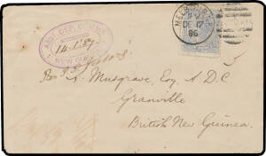 PAPUA: 1886 cover with embossed "The Argus" (newspaper) on the flap, to Captain Anthony Musgrave at "Granville/British New Guinea" & endorsed "Per SS Victory", with Victorian 6d blue tied by Melbourne duplex of DE17/86, fine strike of Musgrave's triple-ov