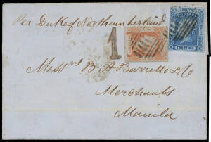 PHILIPPINES: 1853 outer to Manila "Per Duke of Northumberland" with very fine franking of NSW Laureates 1d vermilion/blue SG 47 & 2d ultramarine/blue SG 52 (both with margins just clear to large) tied by bars cancels of Sydney (very fine b/s of NO*22/1853